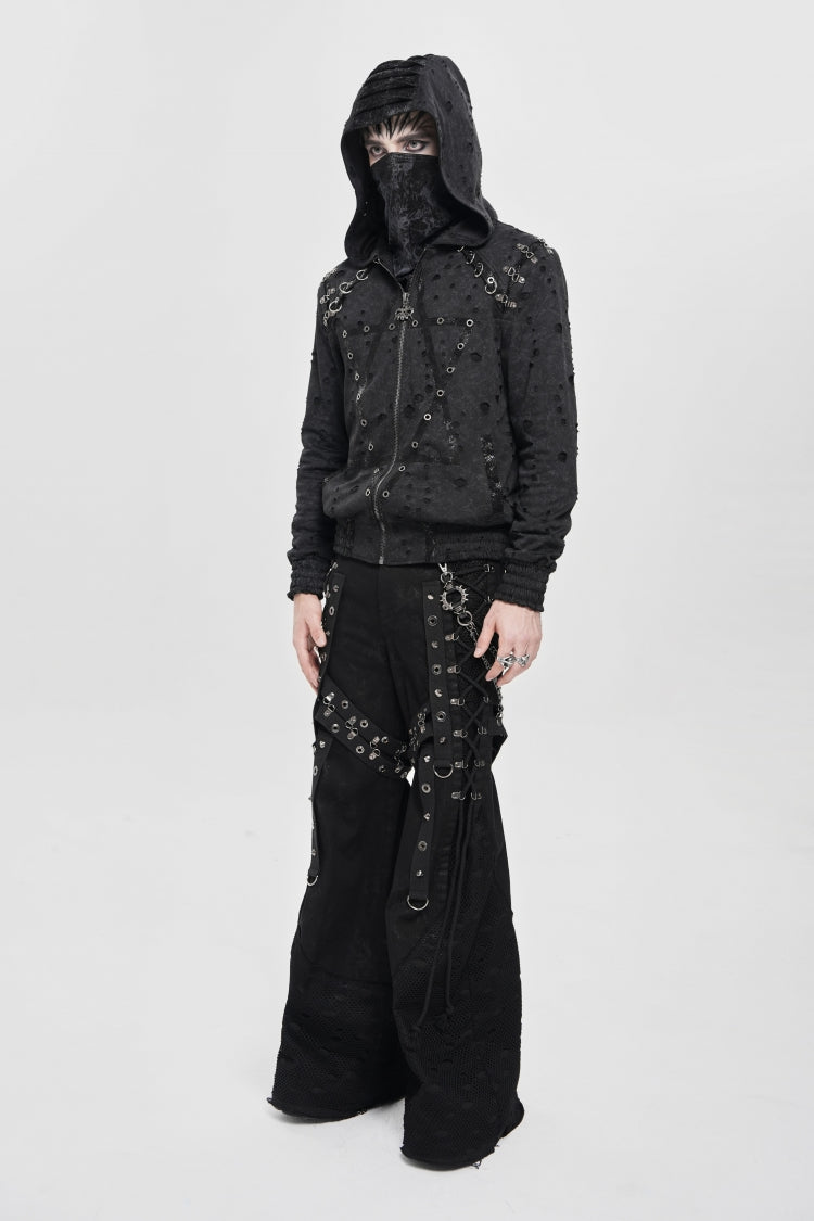 Black Long Sleeves Hexagram Print Hooded Ripped Pleated Men's Punk Coat
