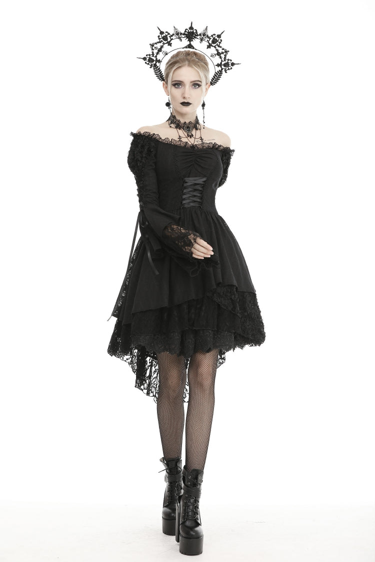 Black Off Shoulder Long Trumpet Puff Sleeves Lace-Up Strappy Mesh Women's Gothic Cocktail Dress