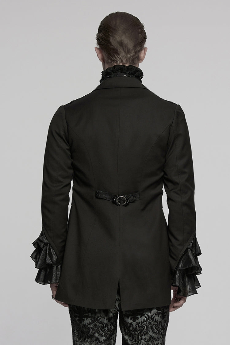 Black Lapel Collar Long Sleeves Frog Jacquard Embroidery Men's Gothic Coat