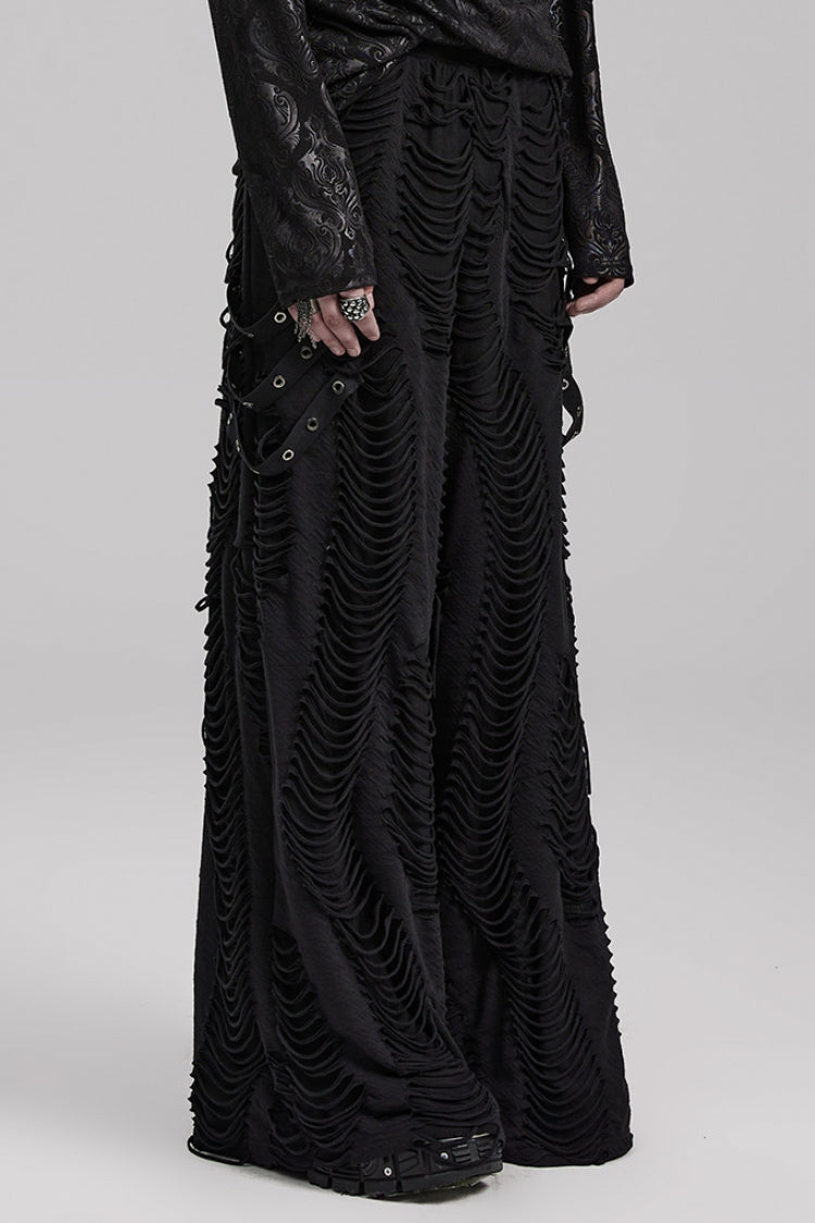 Black Horizontal Striped DecorationRipped Men's Gothic Loose Pants