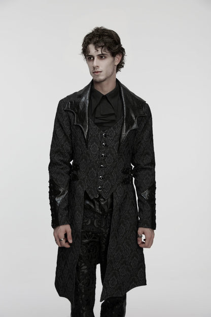 Black Lapel Collar Long Sleeves Jacquard Spliced Lace-Up Slim Buckled Men's Gothic Coat