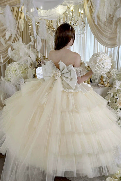 Apricot [Heart’s Beloved Rose] Sleeveless Ruffled Hanayome Bow Lace Lace-Up Sweet Lolita Jsk long Dress