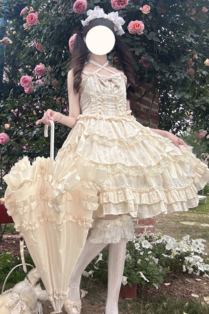 Apricot [Miss Pearl] Sleeveless Double-Layered Bowknot Lace Lace-Up Sweet Lolita Jsk Dress