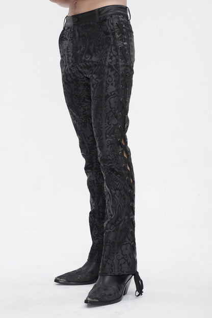 Black Lace Up Totem Printed Men's Punk Flared Pants