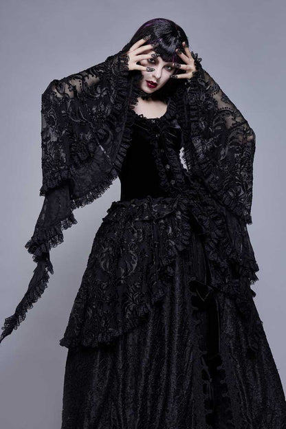 Black Metal Buckle Collar Front Chest Hollow-Out Flare Sleeve Lace Cuff Dress Hem Women's Gothic Coat
