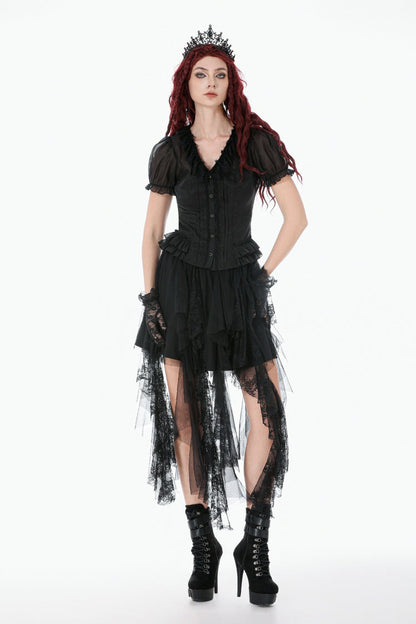 Black Deep V Collar Short Puff Sleeves Multi-Layered Ruffled Lace Sheer Women's Gothic Blouse