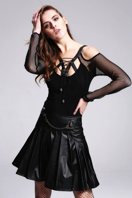 Black Off The Shoulder Leather Straps Lace Up Punk Womens Modal T-Shirt