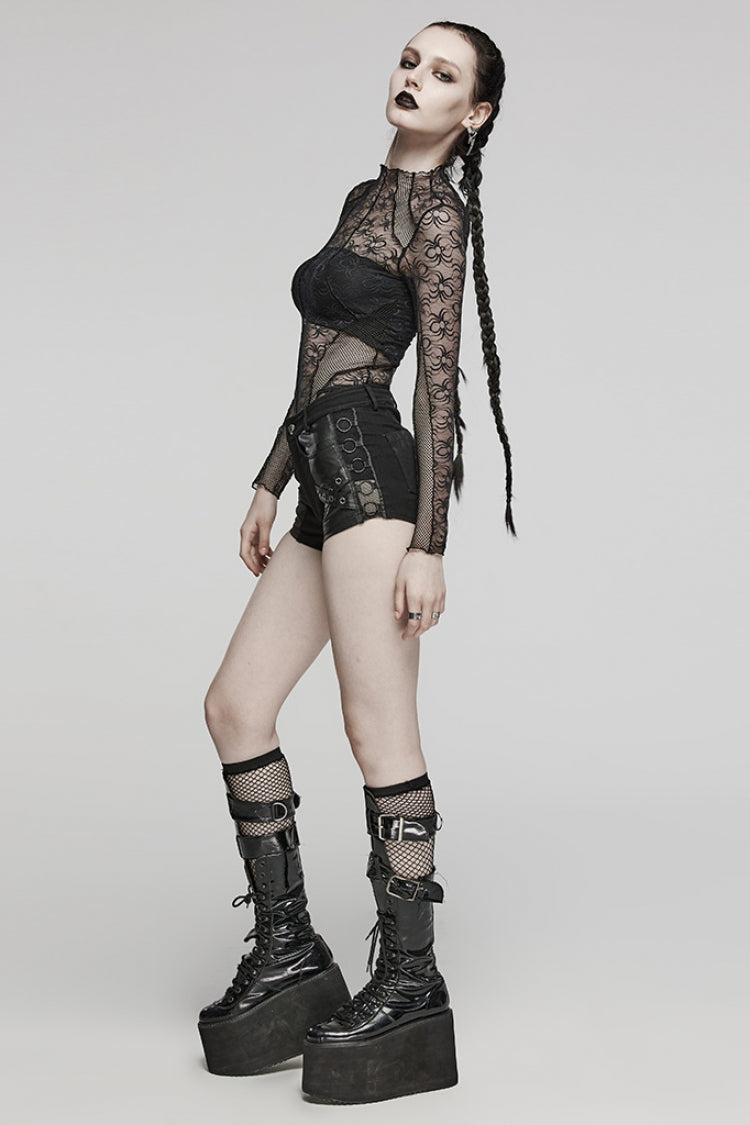 Black Faux Leather Stitching Mesh Eyelet Women's Punk Ring Shorts