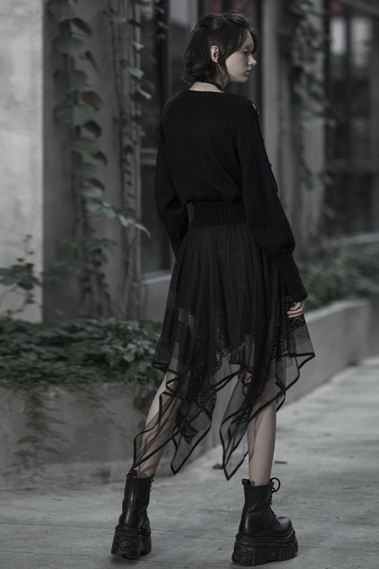Black Embroidery Lace Asymmetric Hem Women's Gothic Skirt