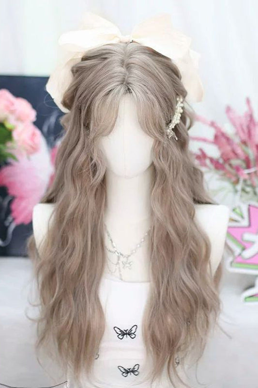 Beige Brown Sweet Lolita Long Wavy Wig with Curved Bangs