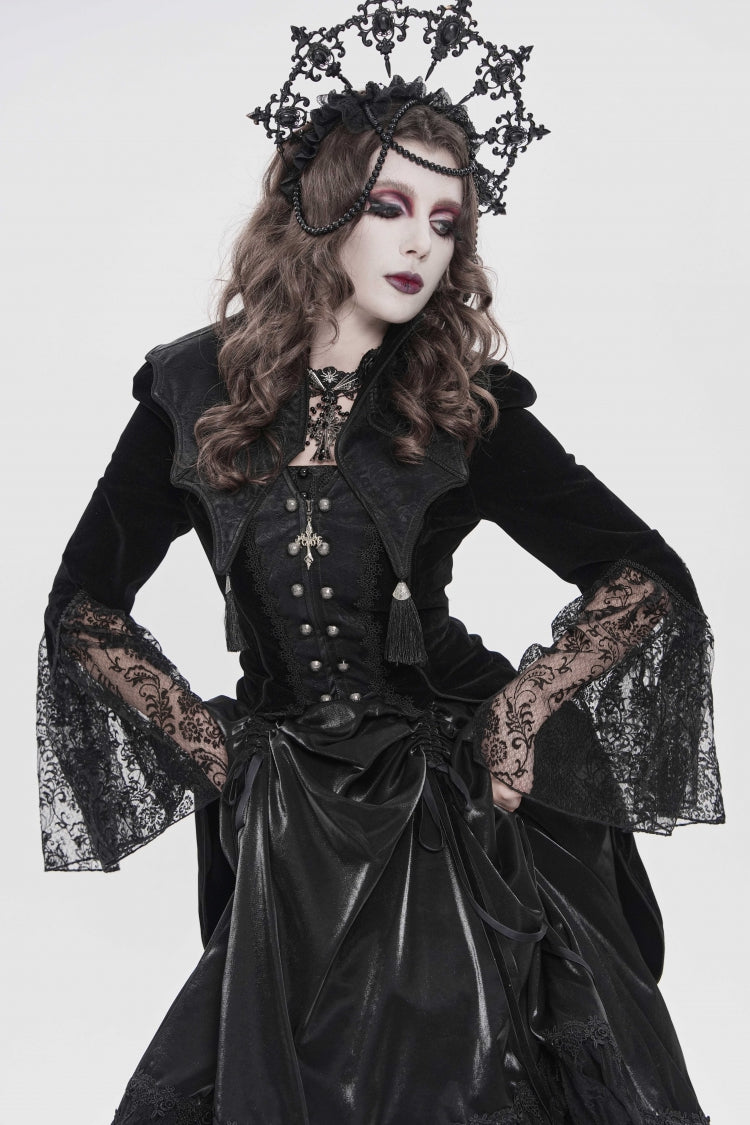 Black Long Trumpet Sleeves Embroidered Lace Slim Zippered Women's Gothic Bat Wing Collar Double-breasted Zip Jacket