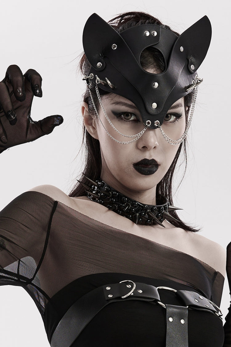 Black Metal Chain Fox Faux Leather Women's Steampunk Mask