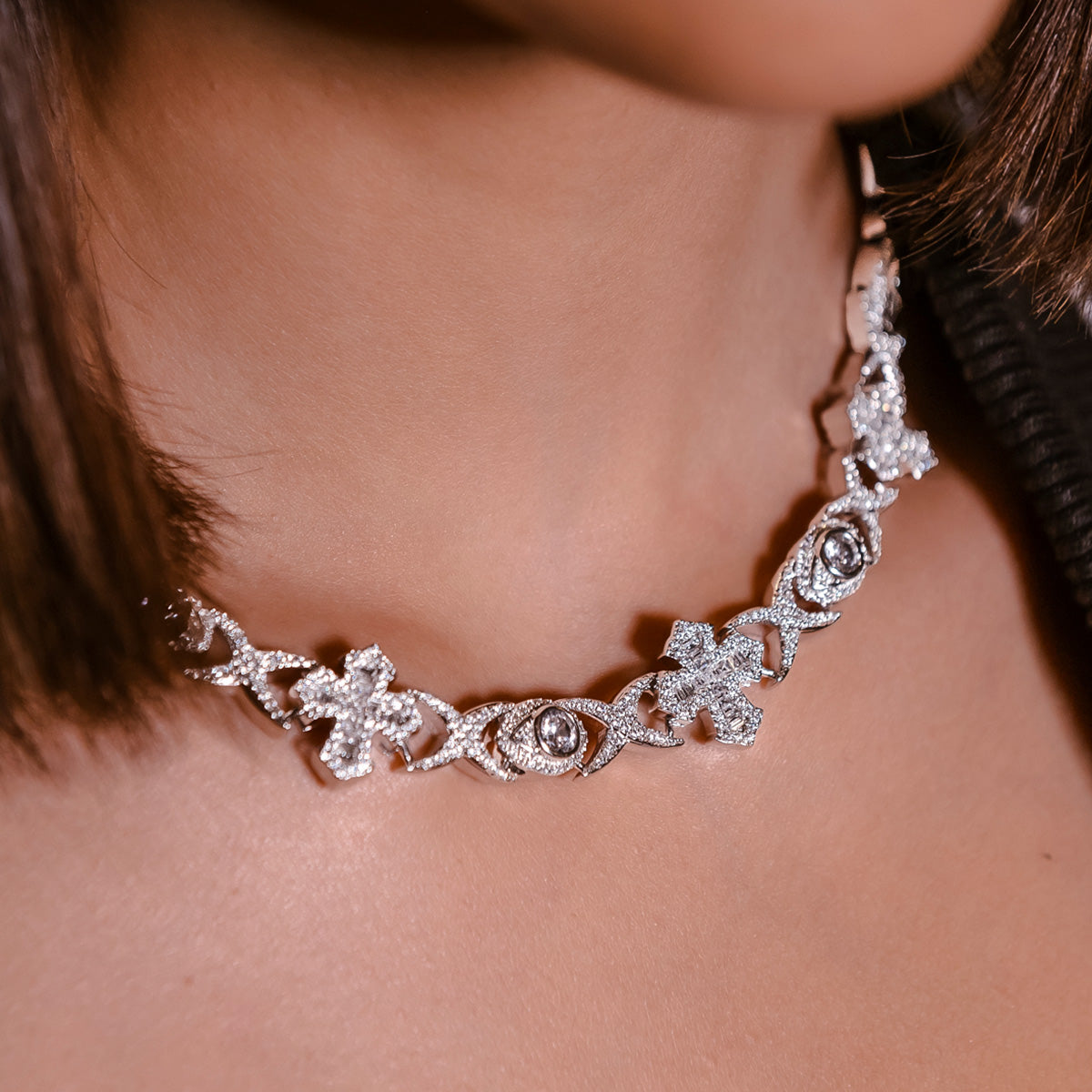 Baguette Cross Evil Eye Necklace in White Gold - 16mm