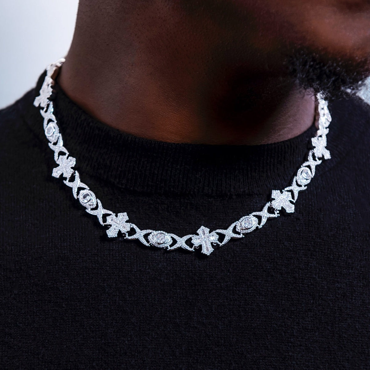 Baguette Cross Evil Eye and Diamond Station Cuban Chains + Bracelet Bundle in White Gold