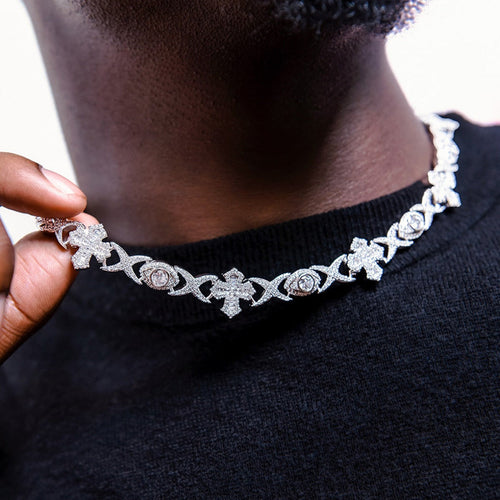 Baguette Cross Evil Eye Chain in White Gold - 16mm