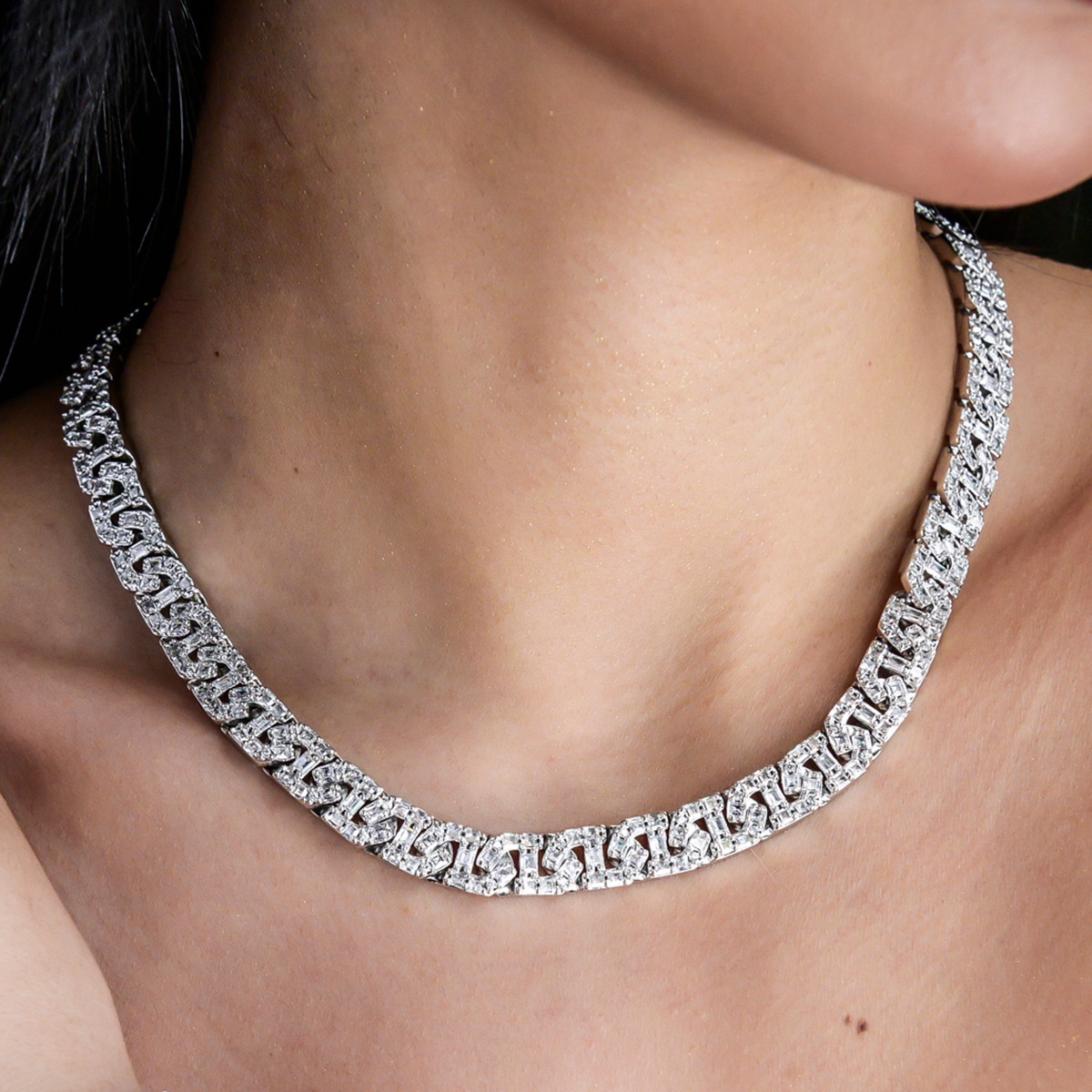 Baguette Chain Link Necklace + Bracelet in White Gold- 8mm