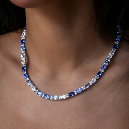 Blue Mixed Oval Cut Tennis Necklace in White Gold - 5mm