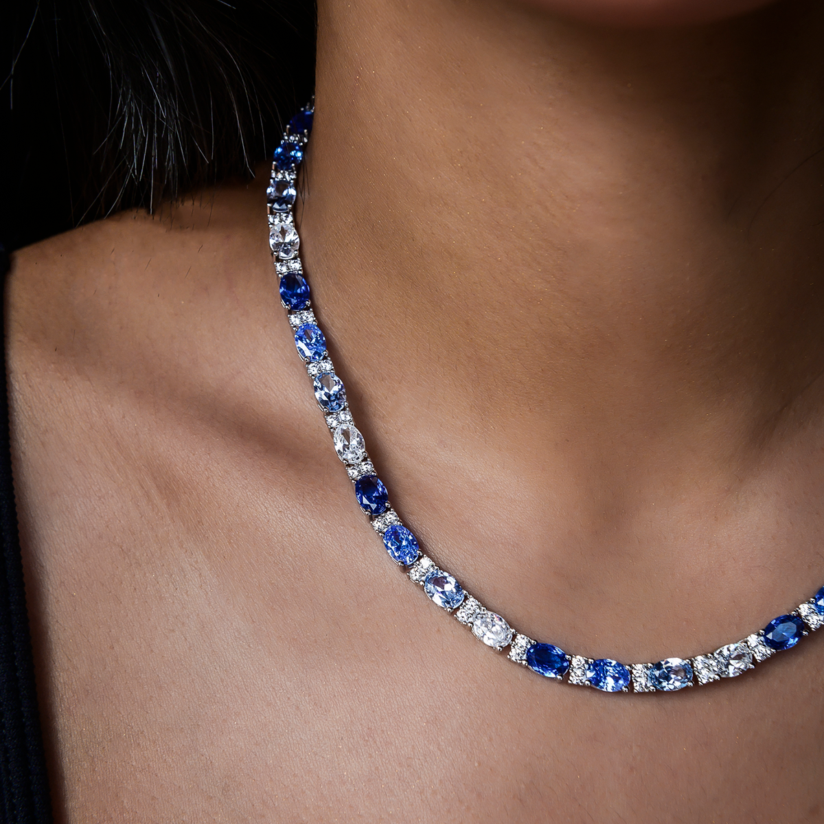 Blue Mixed Oval Cut Tennis Necklace in White Gold - 5mm