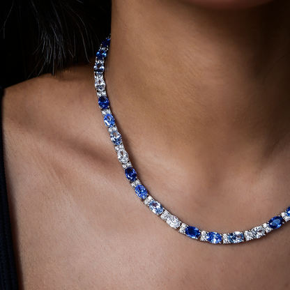 Blue Mixed Oval Cut Tennis Necklace in White Gold - 5mm