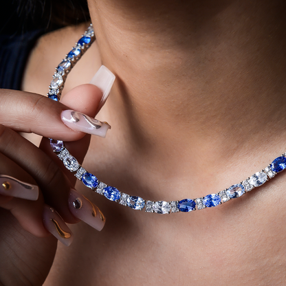 Blue Mixed Oval Cut Tennis Necklace in White Gold - 5mm