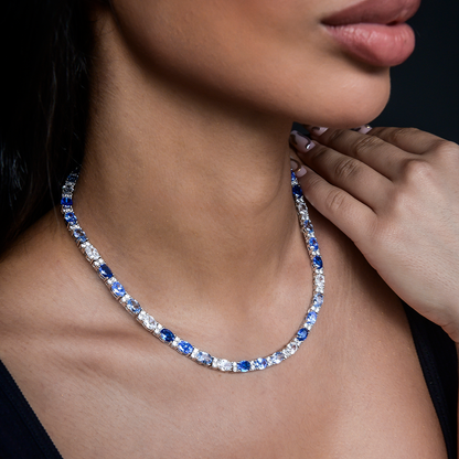 Blue Mixed Oval Cut Tennis Necklace in White Gold - 5mm