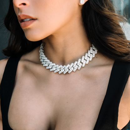 Baguette Prong Set Cuban Necklace in White Gold- 19mm