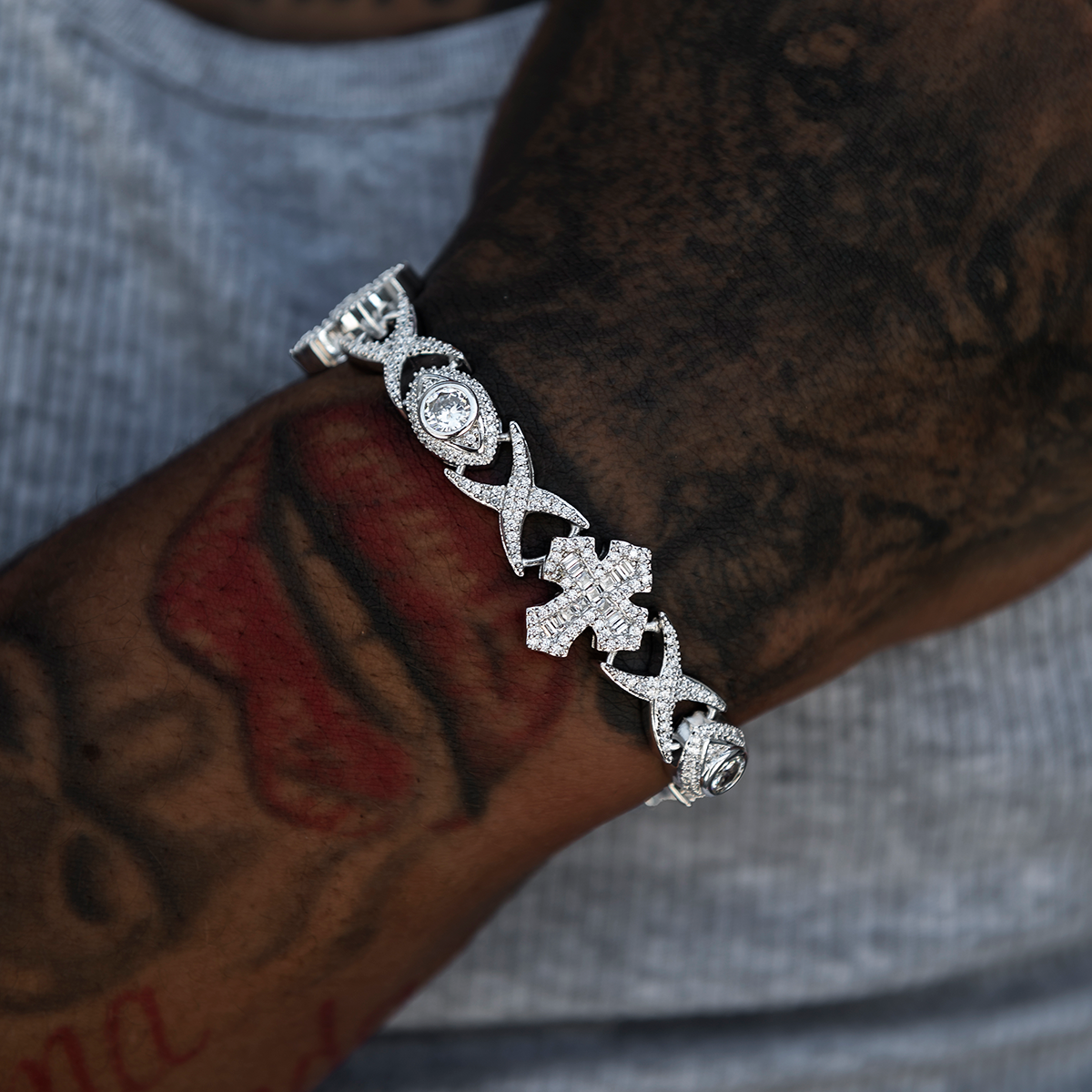 Baguette Cross Evil Eye Chain + Bracelet in White Gold
