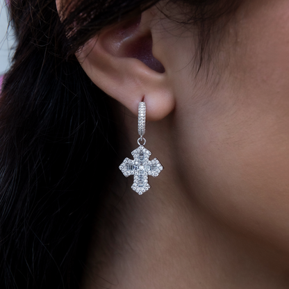 Baguette Gothic Cross Hoop Earrings