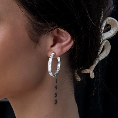 Baguette Hoop Stud Earrings in White Gold