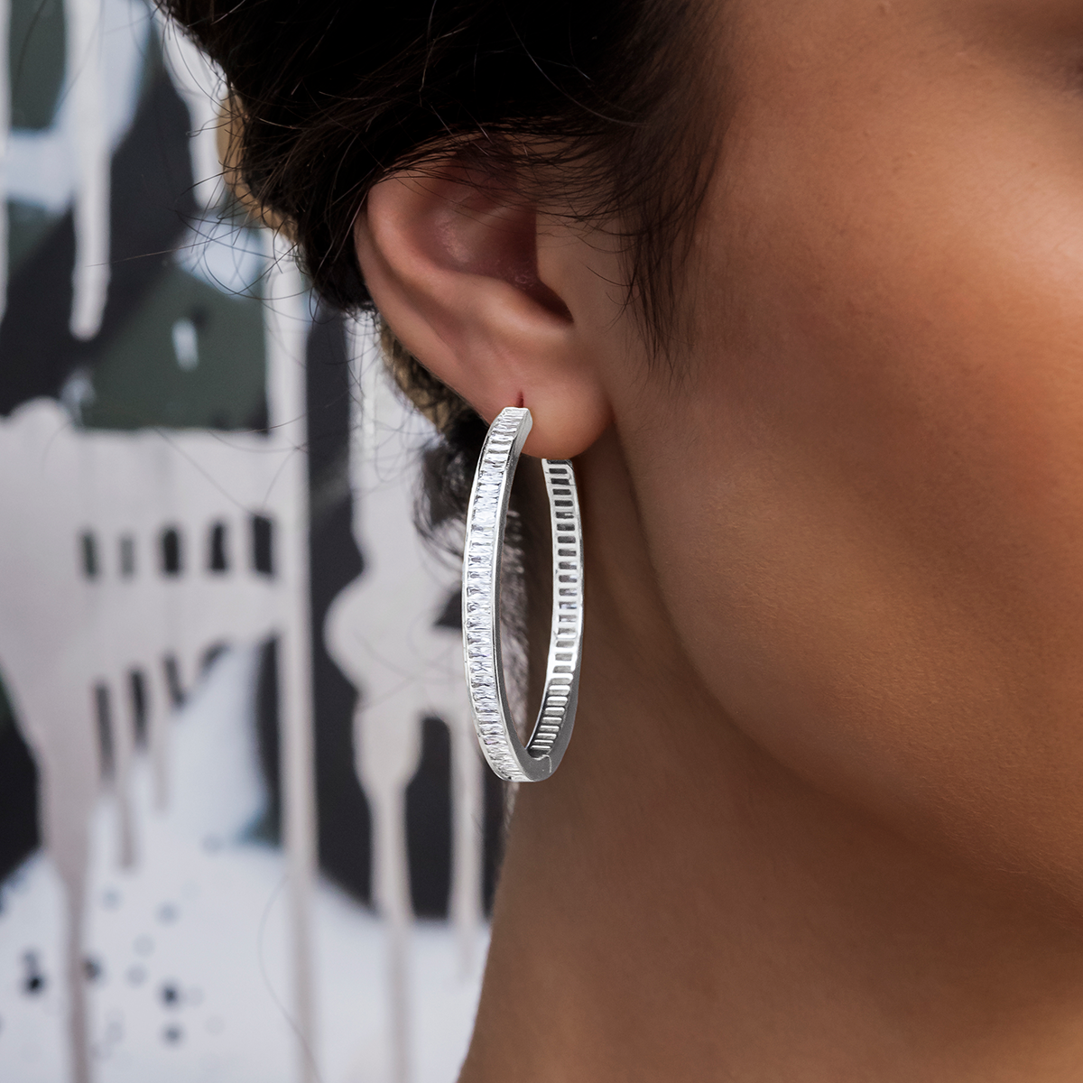 Baguette Hoop Stud Earrings in White Gold