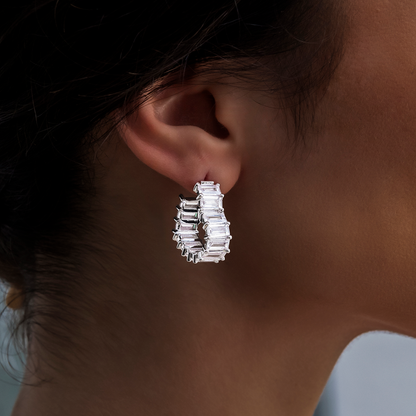 Baguette Heart Hoop Earrings - White Gold
