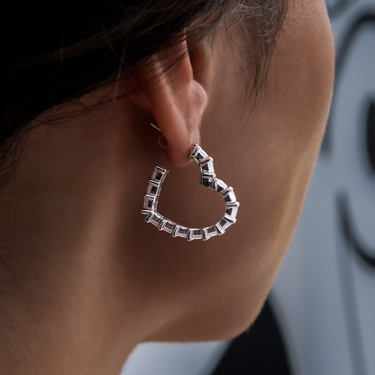 Baguette Heart Hoop Earrings - White Gold