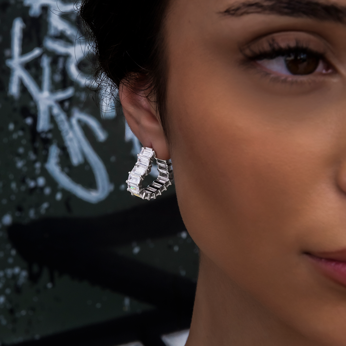 Baguette Heart Hoop Earrings - White Gold
