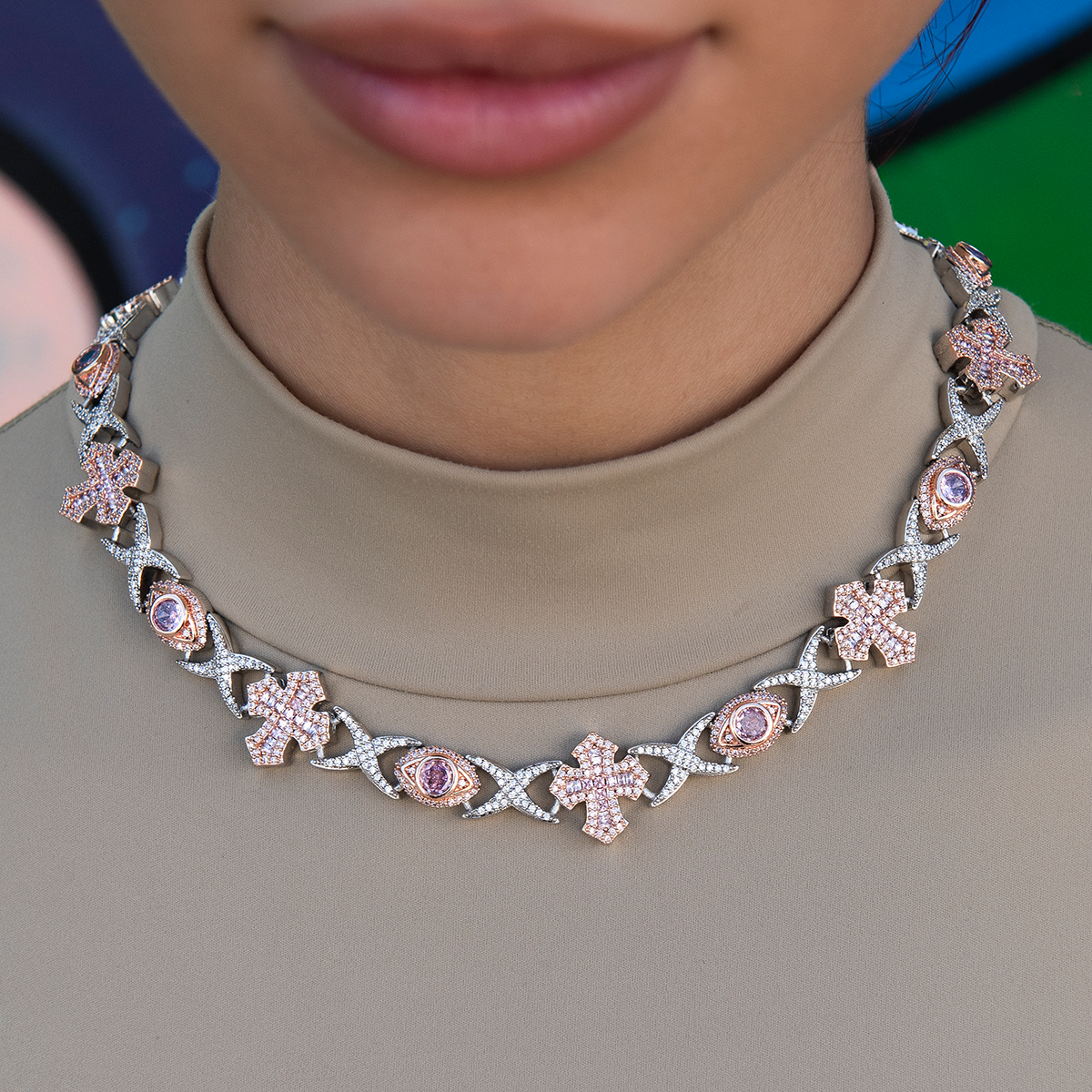 Baguette Cross Evil Eye Necklace in Rose Gold - 16mm