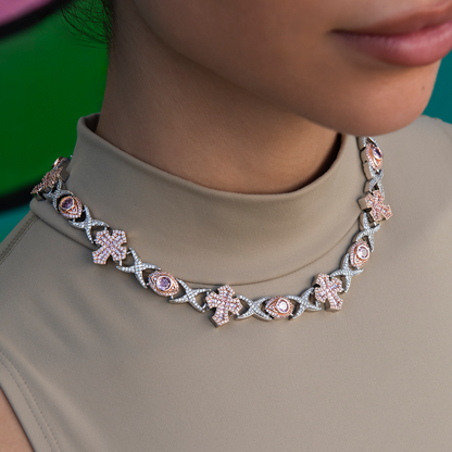 Baguette Cross Evil Eye Necklace in Rose Gold - 16mm