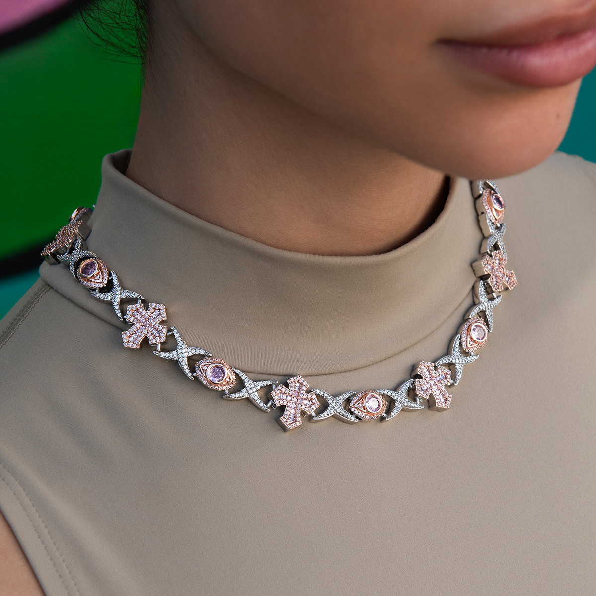 Baguette Cross Evil Eye Necklace in Rose Gold - 16mm