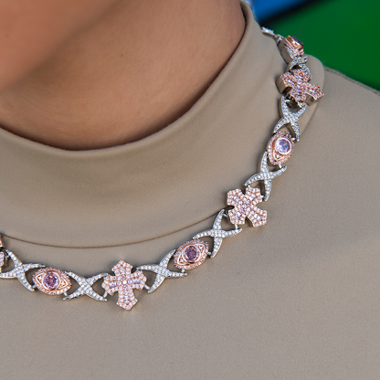 Baguette Cross Evil Eye Necklace in Rose Gold - 16mm