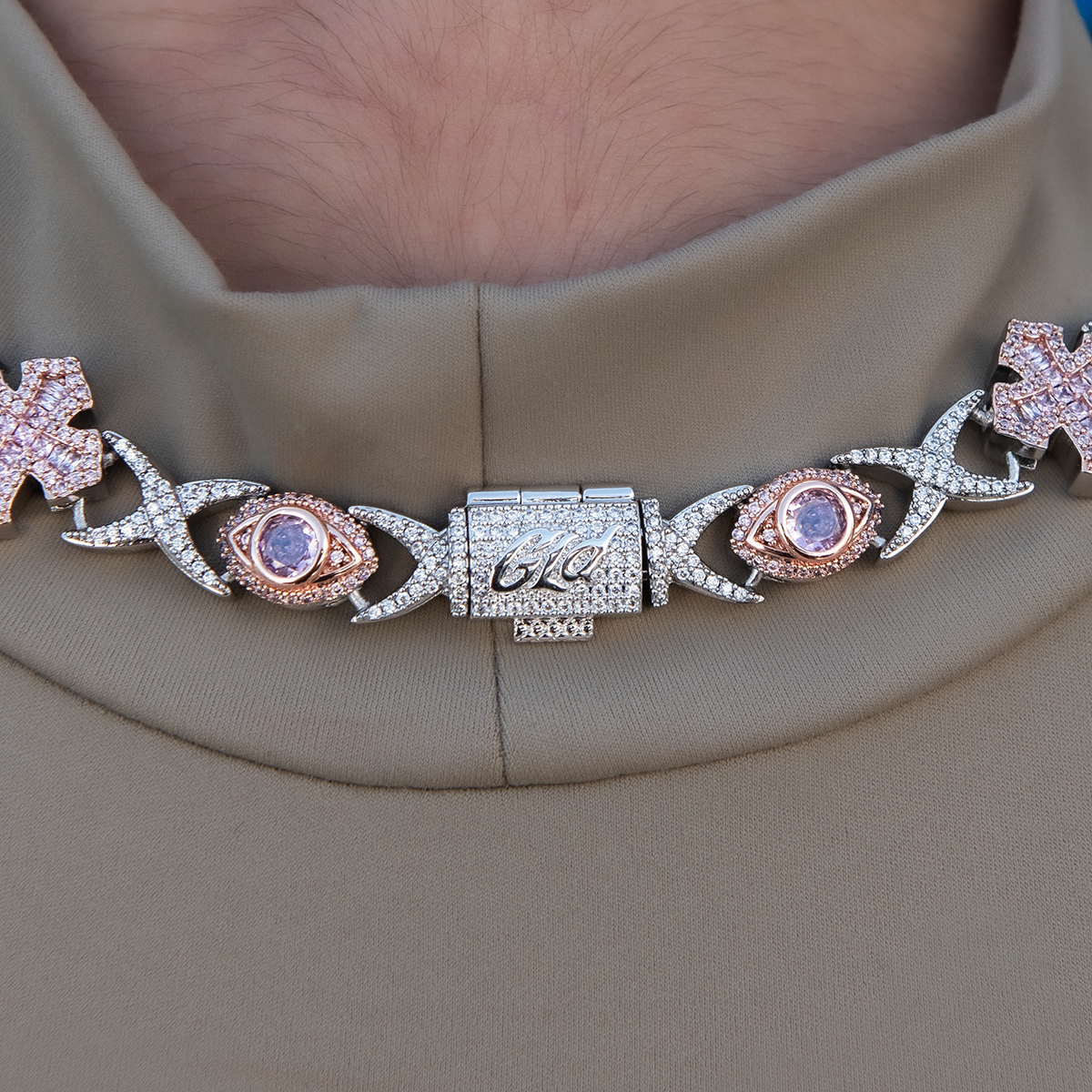 Baguette Cross Evil Eye Necklace in Rose Gold - 16mm