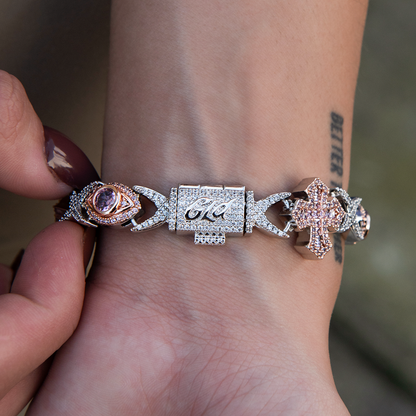 Baguette Cross Evil Eye Bracelet in Rose Gold