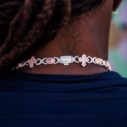 Baguette Cross Evil Eye Chain in Rose Gold - 16mm
