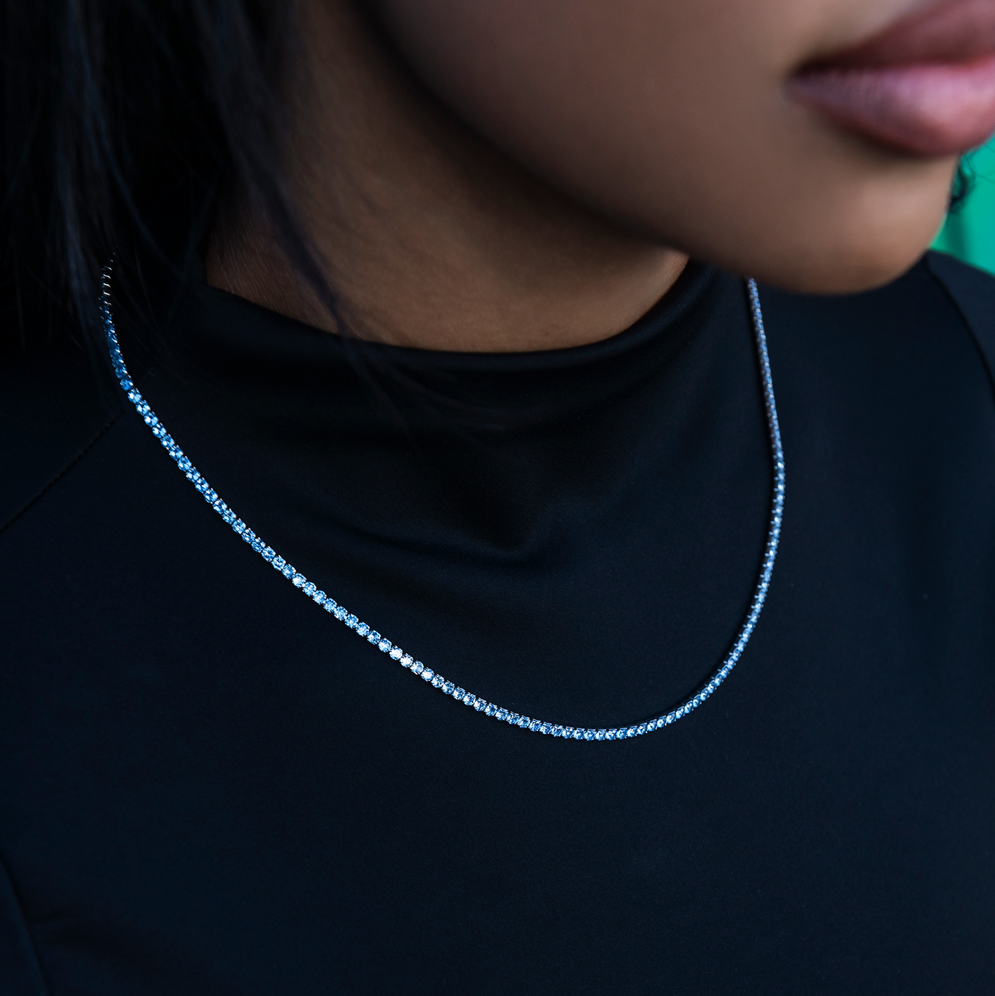 Blue Topaz Diamond Micro Tennis Necklace in White Gold