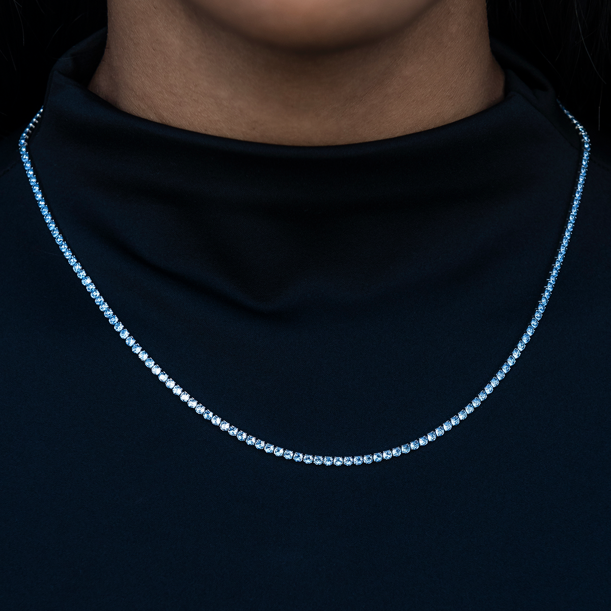 Blue Topaz Diamond Micro Tennis Necklace in White Gold