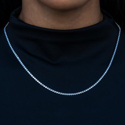 Blue Topaz Diamond Micro Tennis Necklace in White Gold