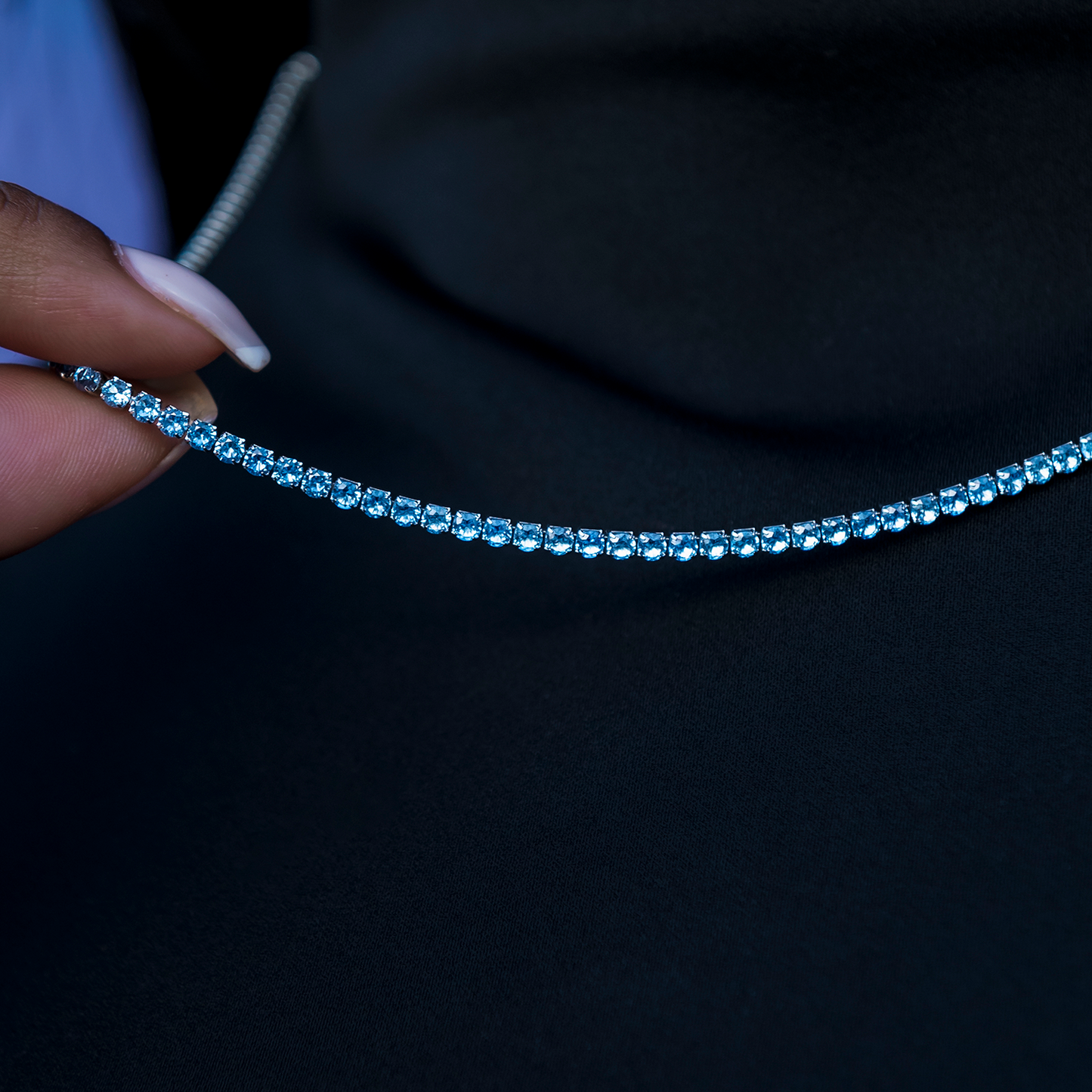 Blue Topaz Diamond Micro Tennis Necklace in White Gold