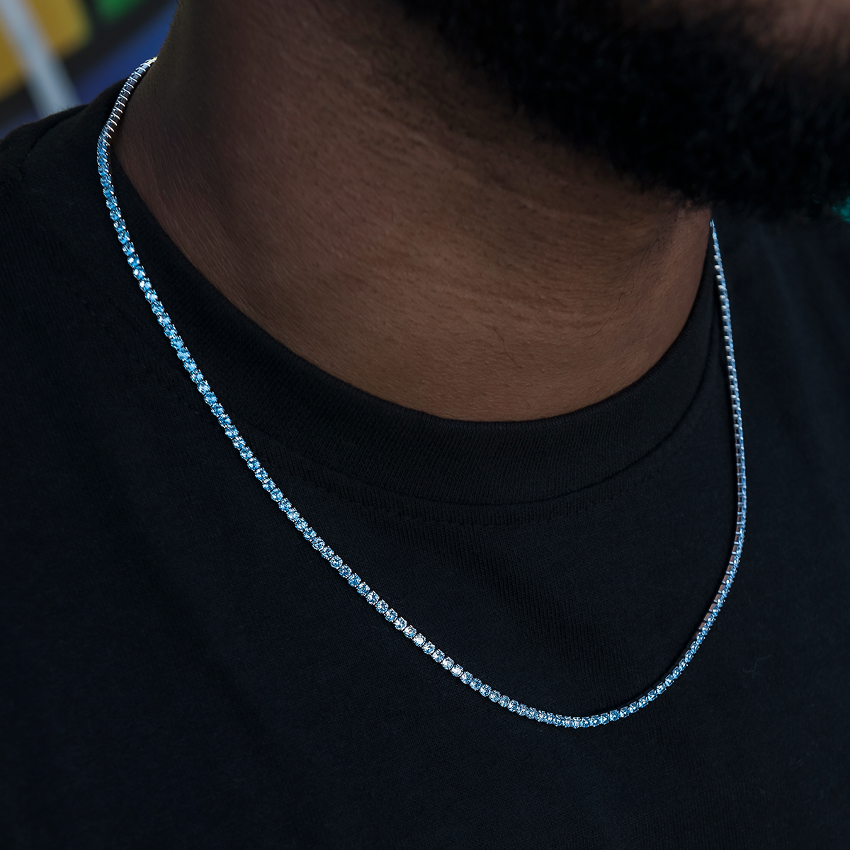 Blue Topaz Diamond Micro Tennis Chain in White Gold