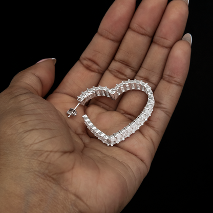 Baguette Heart Hoop Earrings - White Gold