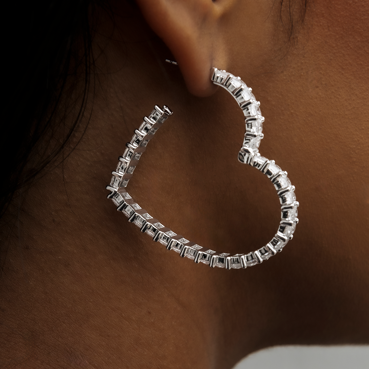 Baguette Heart Hoop Earrings - White Gold