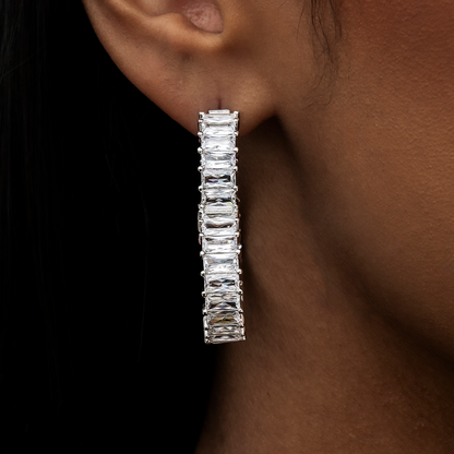 Baguette Heart Hoop Earrings - White Gold