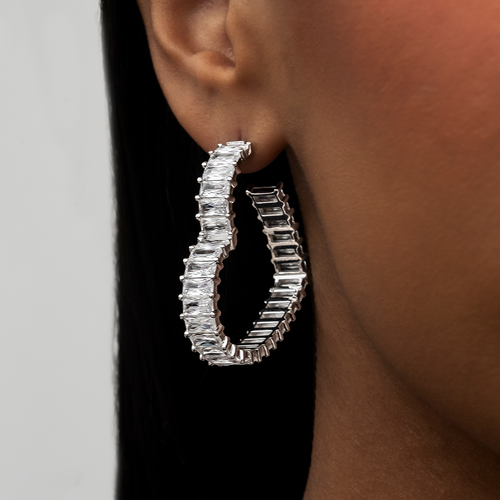 Baguette Heart Hoop Earrings - White Gold