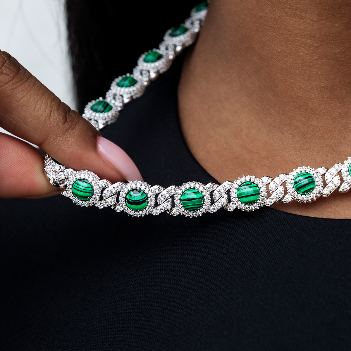 10mm Iced Halo Cuban Necklace with Malachite in White Gold